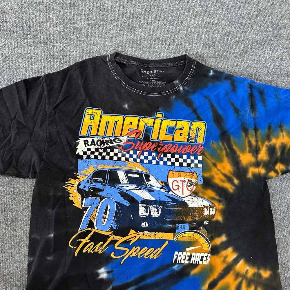 Chemistry T-Shirt Mens Size L Black Tie Dye American Racing GTO Graphic Raw Hem